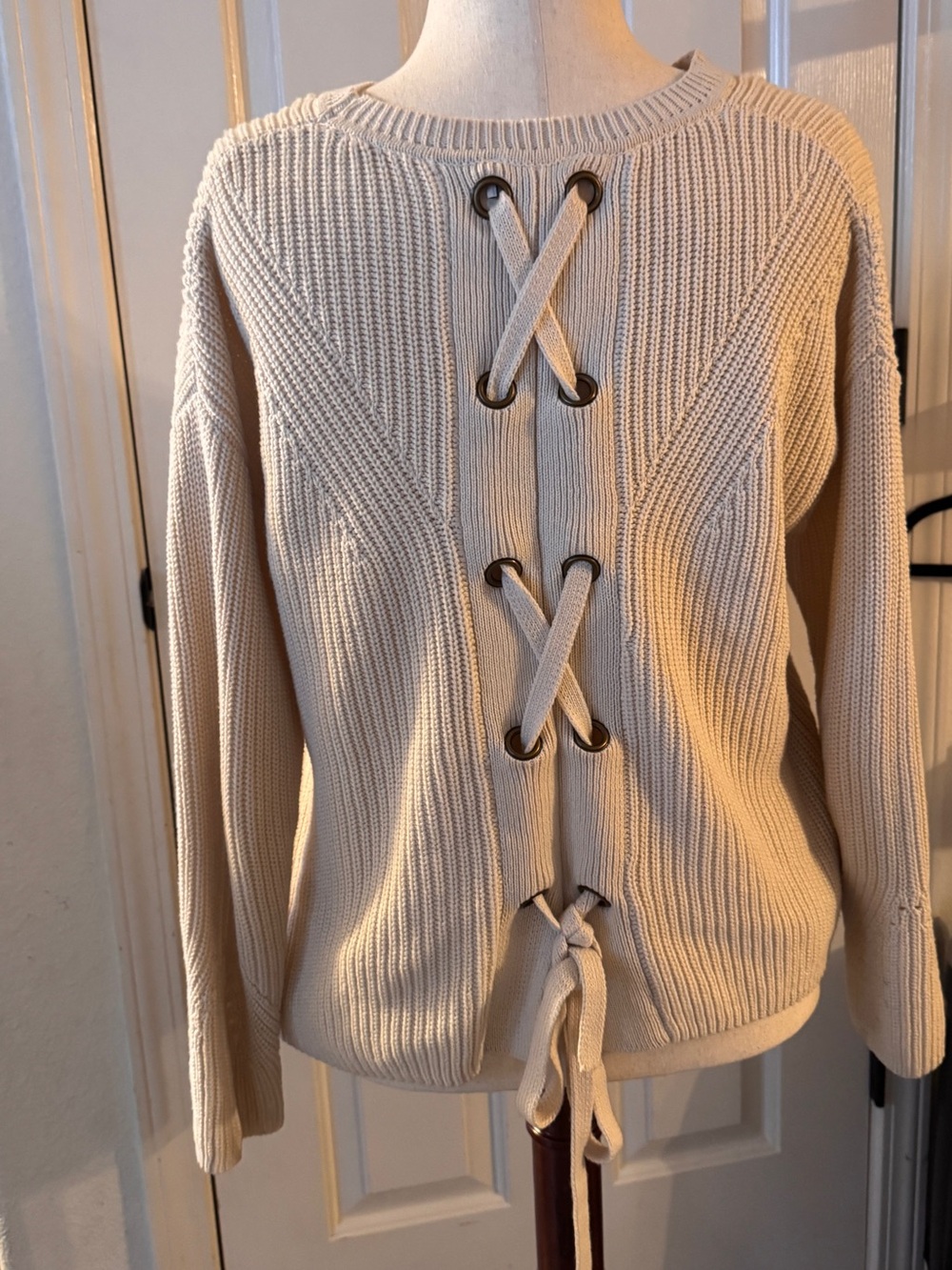 Lucky Brand Cream Lace-Up Back Ribbed Sweater